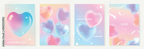 Happy Valentine’s Day background vector set. Pink and blue gradient heart illustration with glowing sparkles and ribbon elements. Romantic dreamy design for greeting cards, posters, invitations and lo