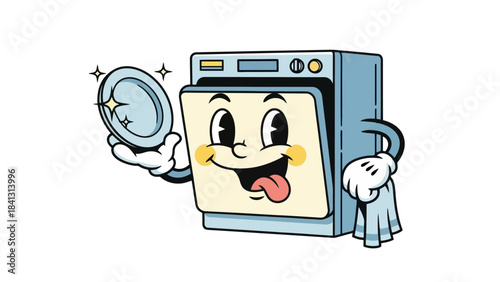 Funny Cartoon Dishwasher Mascot Holding a Sparkling Clean Plate and Drying Cloth