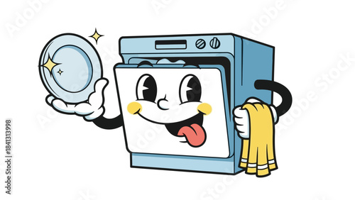 Funny Cartoon Dishwasher Character Holding Clean Plate and Towel