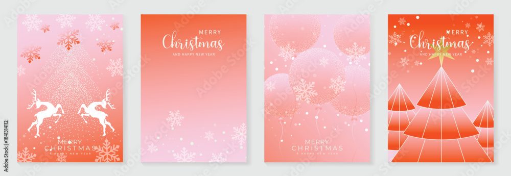 Obraz premium Merry Christmas vector background set. Pink and orange gradient designs with reindeer, snowflakes, festive balloons and geometric Christmas trees. Perfect for greeting cards, posters and holiday decor