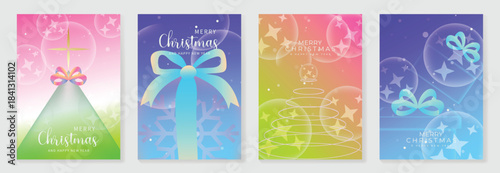 Merry Christmas vector background set. Colorful gradient illustrations of gift bows, Christmas trees and festive ornaments with glowing bubbles and stars. 