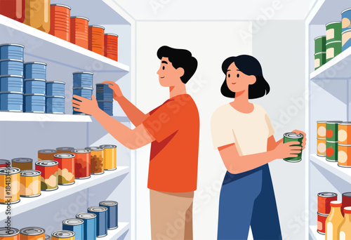 A couple organizes canned goods on shelves in a pantry
