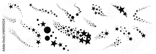 Black starbursts and shooting star trails with dots