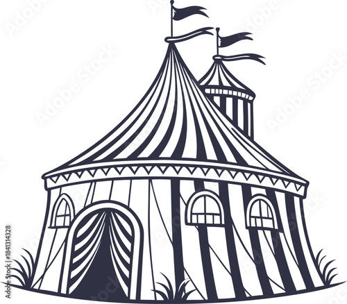 A simple silhouette of a carnival tent on a white background