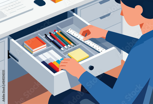 Person organizing drawer with pens, pencils, ruler, sticky notes & books