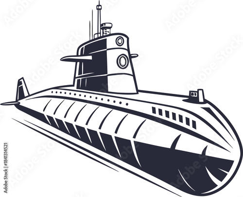 A simple black silhouette of a submarine on a white background