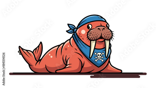 Cute Cartoon Walrus Pirate Wearing Blue Bandana with Skull Crossbones