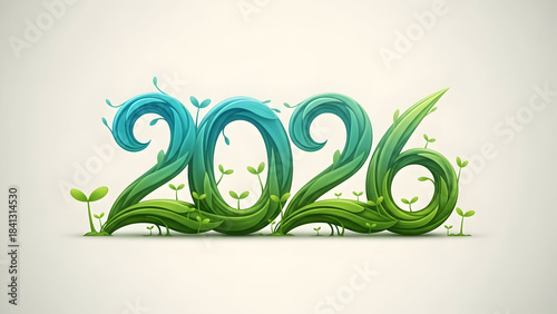 The year 2026 formed from vibrant green leaves and flowing blue water elements