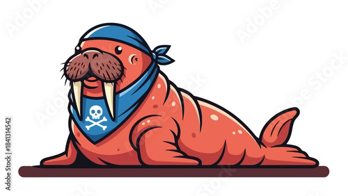 Cute Cartoon Walrus Wearing a Pirate Bandana with Skull and Crossbones