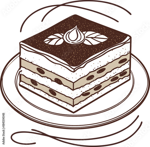 Simple tiramisu cake outline icon displayed on a white backdrop