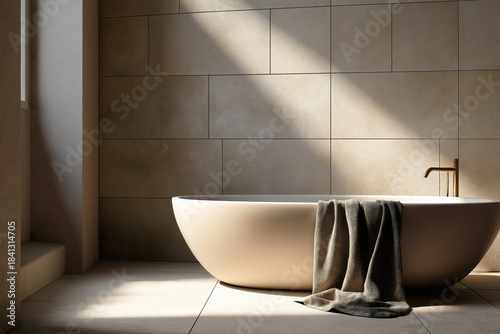 Minimalist tranquil luxury bathroom interior with sleek oval freestanding bathtub beige textured stone wall tiles and floor warm natural light and shadow.