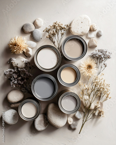 Mood board flat lay aesthetic open paint cans in soft neutral colors beige taupe grey white surrounded by dried flowers pebbles and smooth natural stones interior design color palette inspiration.