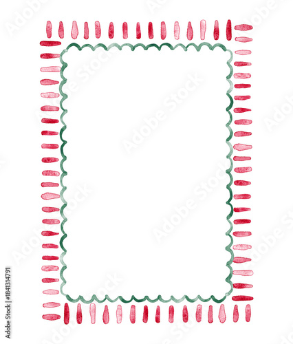 Red Watercolor Minimalist Border with Striped Pattern and green waves.Hand painted illustrations isolated on white background.