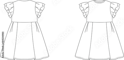Girls dress flat sketch, short layered ruffle sleeve design, fitted bodice flared skirt, round neckline apparel template, fashion garment illustration