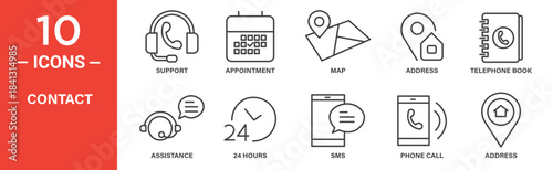 Contact icon set. Contact vector symbol in black filled and outlined style.