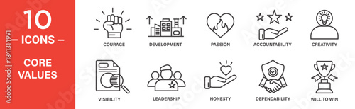 Core values icon set. Core values vector symbol in black filled and outlined style.