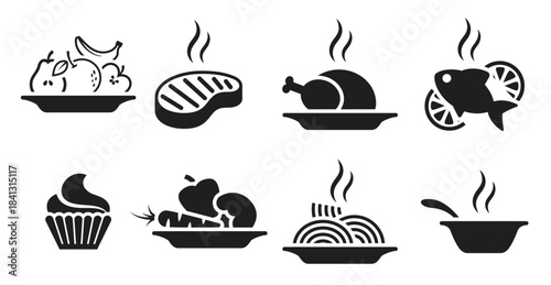  food and drink icons set black on a white background