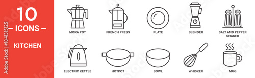 Kitchen icon set. Kitchen vector symbol in black filled and outlined style.