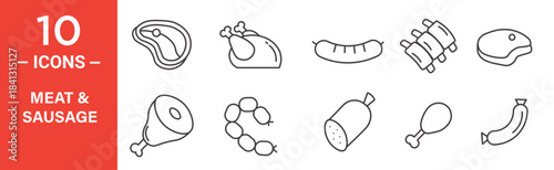 Meat and sausage icon set. Meat and sausage vector symbol in black filled and outlined style.
