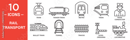 Rail transport icon set. Rail transport vector symbol in black filled and outlined style.