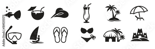 summer beach icon set black on a white background