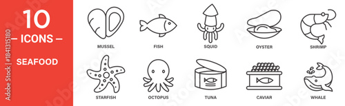 Seafood icon set. Seafood vector symbol in black filled and outlined style.