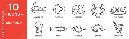Seafood icon set. Seafood vector symbol in black filled and outlined style.