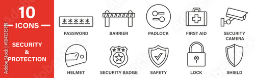 Security & protection icon set. Security & protection vector symbol in black filled and outlined style.
