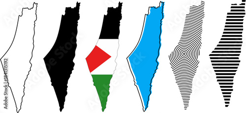 Palestine map set featuring outline, silhouette, flag fill, solid blue, concentric line pattern, and horizontal stripe design. Suitable for posters, prints, branding, activism art, and graphic design.