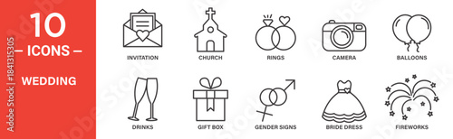 Wedding icon set. Wedding vector symbol in black filled and outlined style.