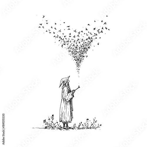 Wizard casting a spell with birds flying from his wand in a magical illustration design