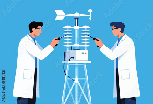 Two scientists in white coats operate a weather station with instruments