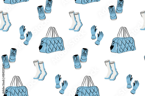 Winter accessories seamless pattern with bags, gloves, socks and insulated bottles. Hand-drawn vector for fabric prints, packaging designs and alpine-style branding.