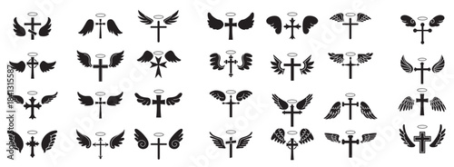 halo and cross with wings icon set angel wings illustration 