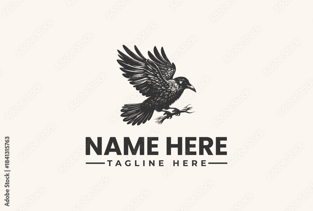 Obraz premium Textured black raven flying with majestic spread wings illustrated on white. Animal concept