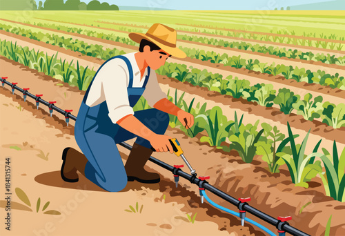 Farmer adjusting drip irrigation system in a vegetable field