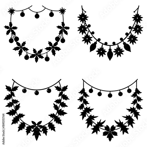 Four Black and White Holiday Garland with Leaves and Stars decoration
