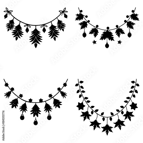 Four Black and White Leaf and Star Garland on White Background