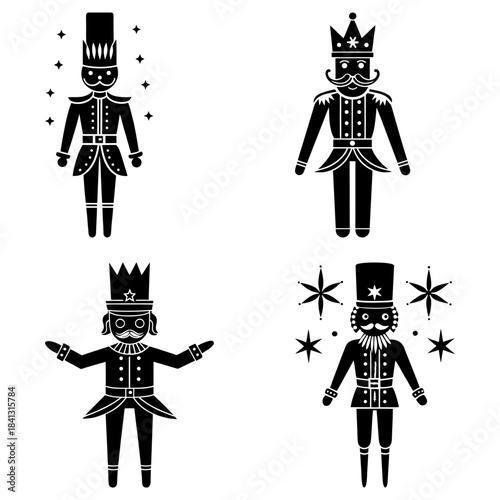Four Black and White Nutcracker Soldiers with Stars in Background