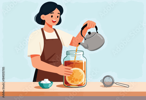 A person pours liquid from a teapot into a jar with citrus and sugar