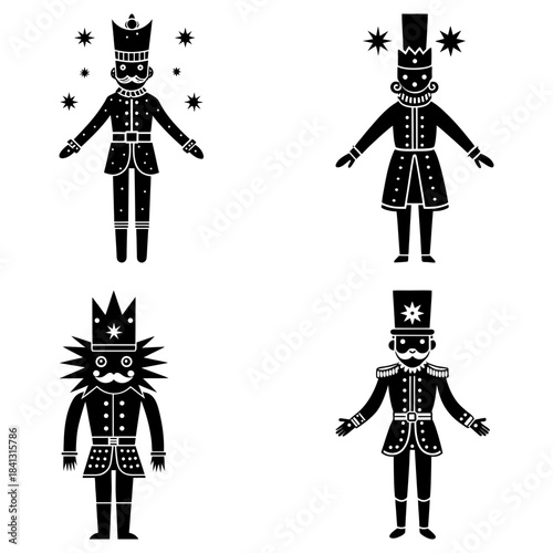 Four Black and White Nutcracker Soldier with Star Accents festive