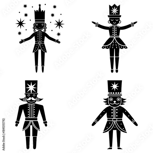 Four Black and White Cartoon Nutcracker Characters in Different Poses toy soldier