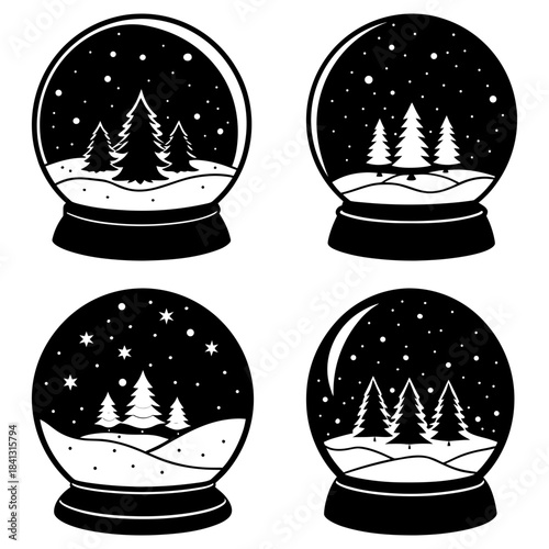 Four Black and White Snow Globe Featuring Snowy Forest Scenes with Stars and Moon winter scene trees