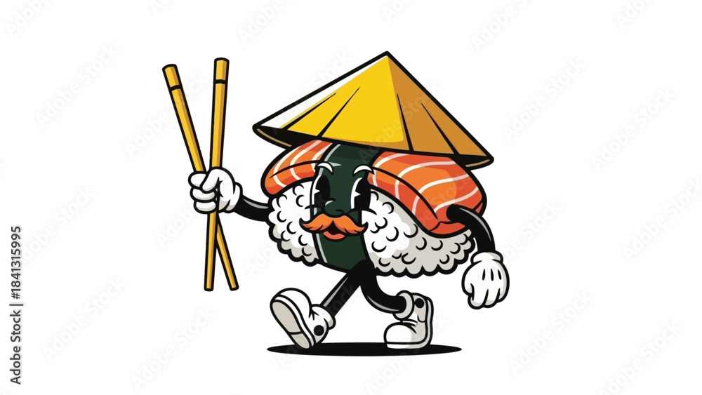 Obraz premium Cute Sushi Character with Conical Hat and Chopsticks, Whimsical Food Illustration