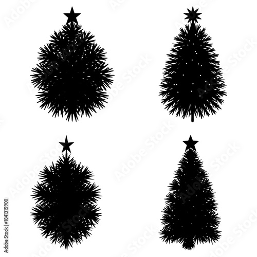 Four Black Silhouette Christmas Trees with Star Tops on White Background