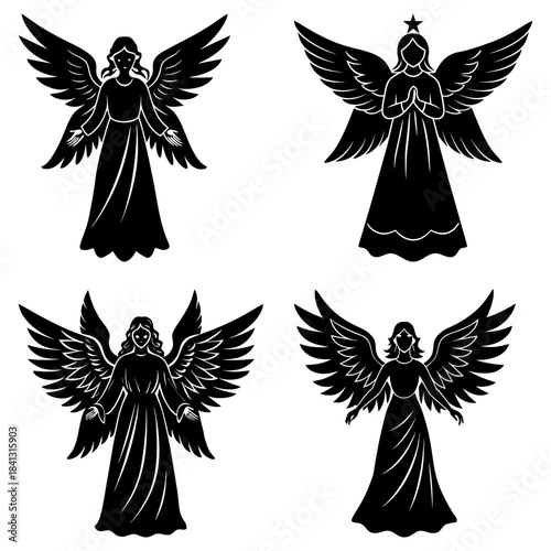 Four Black and White Angel with Different Poses and Styles silhouette wings