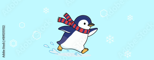 Cute cartoon baby penguin wearing a red and blue striped scarf and running happily in the snow with snowflakes background vector illustration