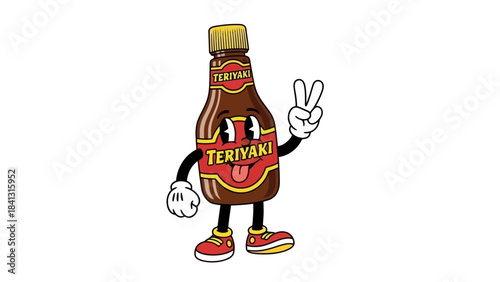Funny Anthropomorphic Teriyaki Sauce Bottle Mascot Waving Hand and Showing Peace Sign