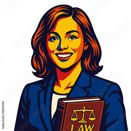 smiling female lawyer in a blazer, holding a red law book with confidence. Generative ai vector colorful pop art illustration.
