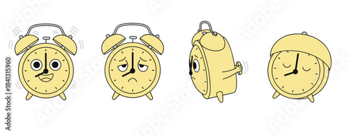 Set of cute cartoon yellow alarm clock characters showing different expressions and moods, including happy, tired, sleeping, and ringing loudly vector